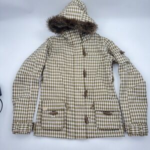 Roxy 5000 Snow Jacket Women's XS Houndstooth Plaid Faux Fur Hood Toggle Coat
